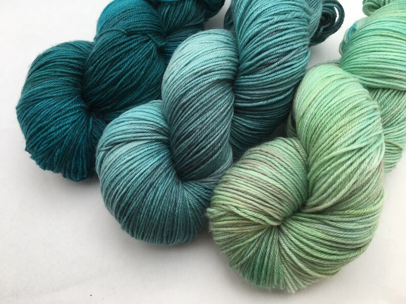 Hand dyed yarn Delicious sock 3 skein shawl kit /'Green Merricks/'