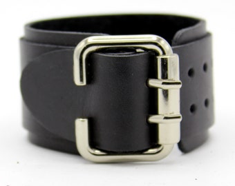 Leather bracelet,Wide Black Leather Buckle Bracelet with Single Buckle, Chunky Leather Cuff Bracelet, Unisex Black Leather Bracelet(B-230)