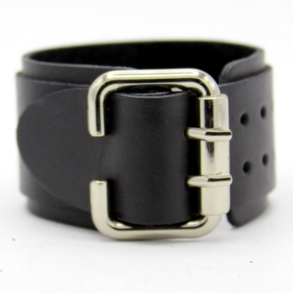 Leather bracelet,Wide Black Leather Buckle Bracelet with Single Buckle, Chunky Leather Cuff Bracelet, Unisex Black Leather Bracelet(B-230)