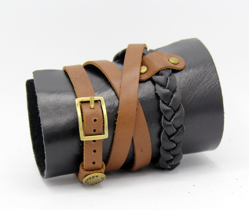 Chunky leather bracelet,wide wristband,Unisex men women bangle,Wrist Cuff band Leather casual jewelry Rocker biker gift steampunk NY-431