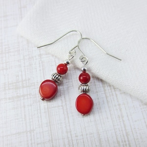 Red Coral Earrings, Red Stone Earrings Silver, Red Earrings, Red Dangle Earrings, Gemstone Earrings, Gifts for Mom or Wife, Drop Earrings