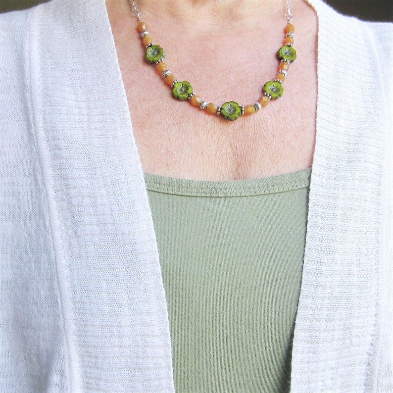 Discount Jewelry Small Statement Necklace Green Floral Necklace Lime Green Jewelry Yellow and Green Flower Necklace Clearance Sale