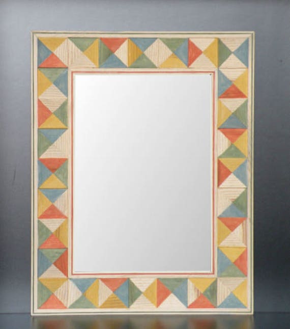 Painted Wood Mirror Frame With Multicolored Geometric Pattern Etsy