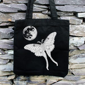 Moon moth Tote Bag - goth accessories, lunar shopping bag, eco friendly, book bag, insects, nature, butterfly bag, gothic witchcraft bag