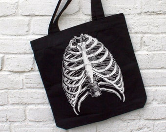 Rib Cage Tote Bag - gothic shoulder bag, alternative, vegan organic, bones creepy bag, witchy canvas bag, horror skeleton, spooky, halloween