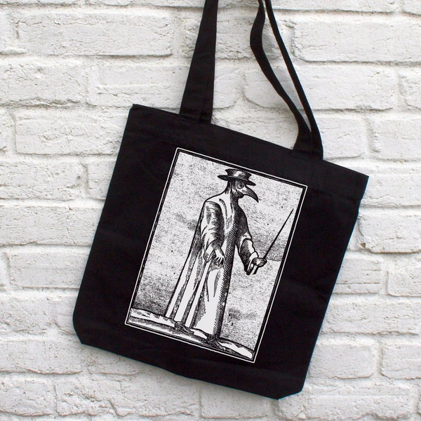 Plague Doctor Tote Bag- black canvas, witchy cotton bag, horror shopping bag, gothic book bag, alternative reusable bag, eco, organic, alt
