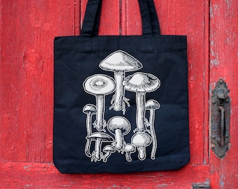 Mushrooms tote bag: Screen printed recycled cotton canvas printed with eco-friendly vegan inks | Goth Punk patches by ToothXNail