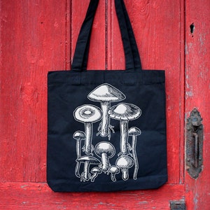 Mushrooms tote bag: Screen printed recycled cotton canvas printed with eco-friendly vegan inks | Goth Punk patches by ToothXNail image 1