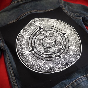 Patch arrière du calendrier maya aztèque - grand patch dorsal, sud-américain, patchs punk pour vestes, motard, heavy metal, patchs goth, punk rock