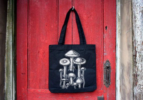 Mushrooms tote bag: Screen printed recycled cotton canvas printed with eco-friendly vegan inks | Goth Punk patches by ToothXNail