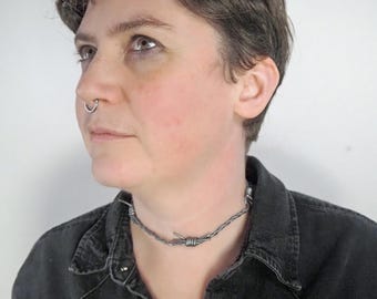 Barbed wire leather choker necklace: available in black, silver, copper or bloody | Handmade Goth Witch Occult jewellery by ToothXNail