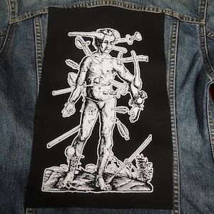 Pain Back Patch metallo nero, backpatch goth, heavy metal, death metal, toppa di magia nera, uomo ferito d'arte medievale, toppe punk per giacche immagine 1