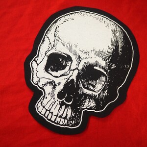 May include: Black and white skull patch with a detailed illustration of a human skull. The skull is outlined in black and has a white background.
