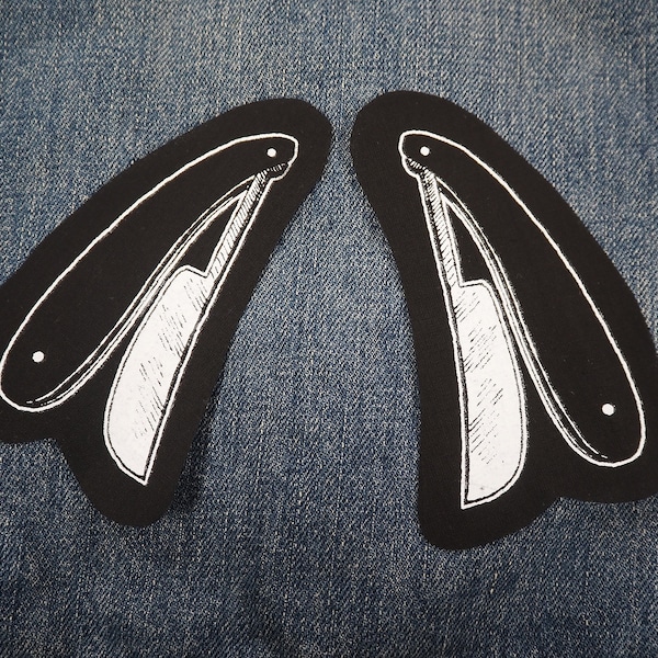 SALE Pair of Razor Patches - straight razors, sxe punk patch, straight edge patch, back patch, patches for jackets, knife, hardcore, goth