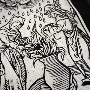 May include: Black and white linocut print depicting two figures in medieval attire tending to a vase with flames. Rain falls from a cloud above. The artwork has a vintage, woodcut style, with detailed lines and shading.