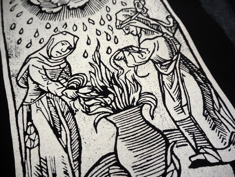 May include: Black and white linocut print depicting two figures in medieval attire tending to a vase with flames. Rain falls from a cloud above. The artwork has a vintage, woodcut style, with detailed lines and shading.