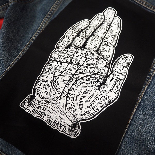 VERKOOP - rugpatch handlijnkunde - grote patch, handpatch, goth-patches, palm, punkpatch, occulte patch, heksenpatches op de achterkant, tarotjassen