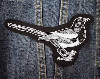 Magpie Patches - bird patch, crow, raven, sew on, punk patch, goblincore, animal, occult patch, screen print patch, goth patches for jackets