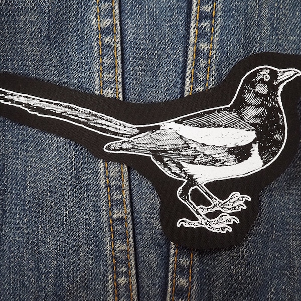 Magpie Patches - bird patch, crow, raven, sew on, punk patch, goblincore, animal, occult patch, screen print patch, goth patches for jackets