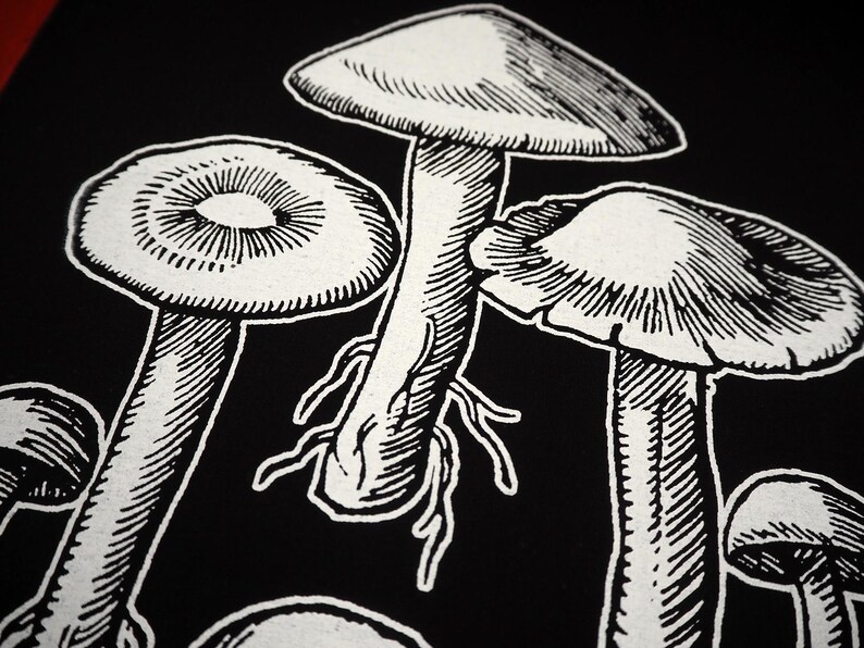 Mushrooms tote bag: Screen printed recycled cotton canvas printed with eco-friendly vegan inks | Goth Punk patches by ToothXNail image 3