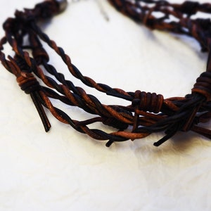 Barbed Wire Leather Necklace 5 Chestnut brown, grunge jewelry, post apocalyptic necklace, barb wire, dystopian, cosplay, wasteland image 2