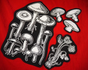 Mushrooms patch set: Screen printed cotton sew on patches for jacket, jeans | Goth Witch Punk Occult Fungi patches by ToothXNail