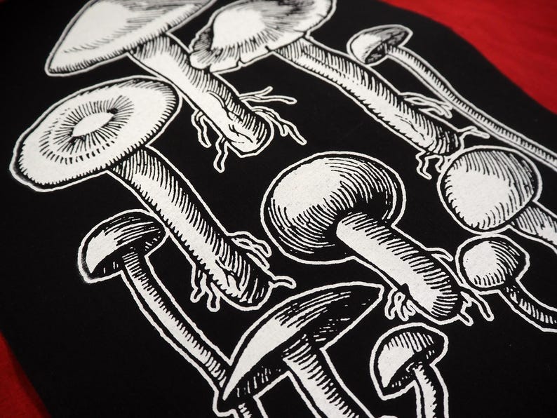 Mushrooms tote bag: Screen printed recycled cotton canvas printed with eco-friendly vegan inks | Goth Punk patches by ToothXNail image 2
