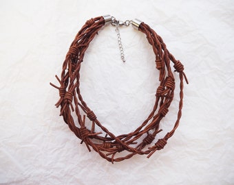 Barbed Wire Leather Necklace 5-Copper, cowboy, cowgirl jewelry, country and western jewellery, men rust, barb wire, collar, necklace, prarie