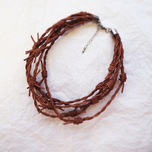 Barbed Wire Leather Necklace 5 Chestnut brown, grunge jewelry, post apocalyptic necklace, barb wire, dystopian, cosplay, wasteland Copper