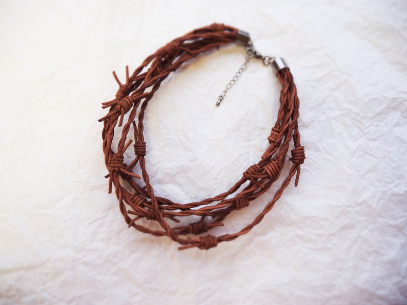 Barbed Wire Leather Necklace 5 Chestnut brown, grunge jewelry, post apocalyptic necklace, barb wire, dystopian, cosplay, wasteland Copper