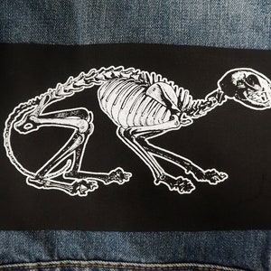 Może przedstawiać: Czarna łatka z białym siluetem szkieletu kota. Kot znajduje się w pozycji przykucniętej z głową odwróconą w bok.