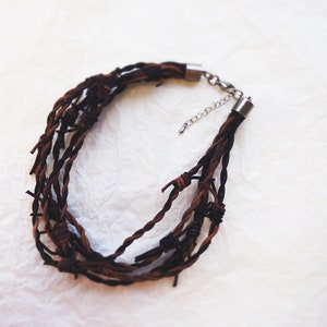 Barbed Wire Leather Necklace 5 Chestnut brown, grunge jewelry, post apocalyptic necklace, barb wire, dystopian, cosplay, wasteland Chestnut
