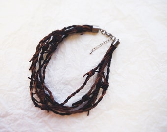 Barbed Wire Leather Necklace 5 - Chestnut brown, grunge jewelry, post apocalyptic necklace, barb wire, dystopian, cosplay, wasteland