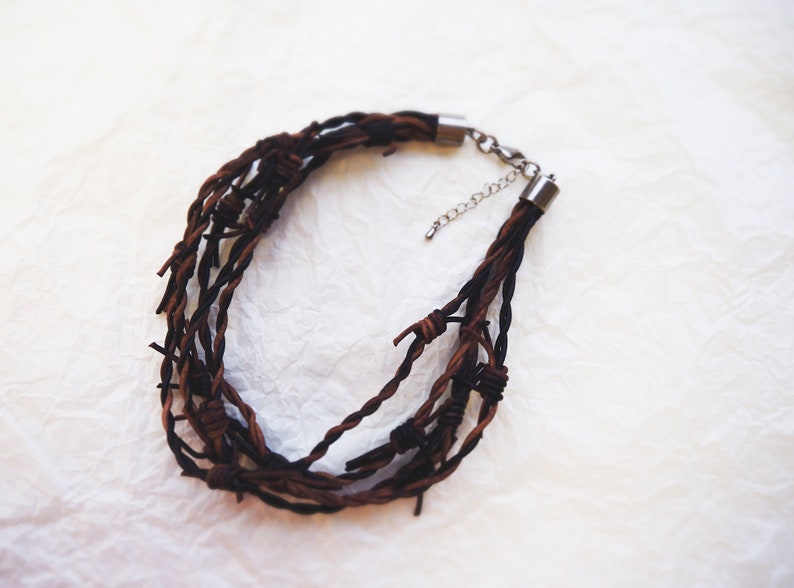 Barbed Wire Leather Necklace 5 Chestnut brown, grunge jewelry, post apocalyptic necklace, barb wire, dystopian, cosplay, wasteland Chestnut