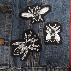 Fly patches - filler patches, insect patch, horror patch, black metal, crust punk, goblincore, bugs, flies, satanic, occult, denim jacket