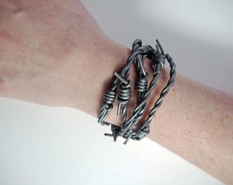 Barbed wire leather bracelet: available in black, silver, copper or bloody | Handmade Goth Witch Occult Horror jewellery by ToothXNail