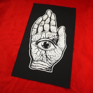 All Seeing Hand Patch - horror punk patch, tattoo style, patches for jackets, large goth patch, occult patches, Pans Labyrinth, palm, eye