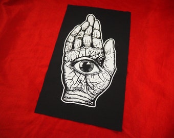 All Seeing Hand Patch - horror punk patch, tattoo style, patches for jackets, large goth patch, occult patches, Pans Labyrinth, palm, eye