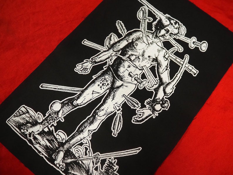 Pain Back Patch metallo nero, backpatch goth, heavy metal, death metal, toppa di magia nera, uomo ferito d'arte medievale, toppe punk per giacche immagine 4