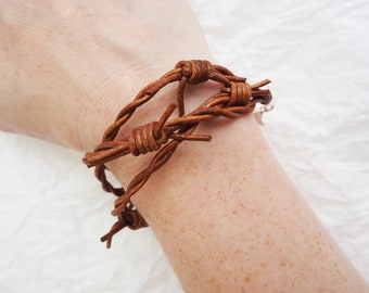 Barbed Wire Leather Bracelet - Copper, cowboy bangle, cowgirl jewelry, country and western jewellery, men rust, barb wire, cuff, wrist band