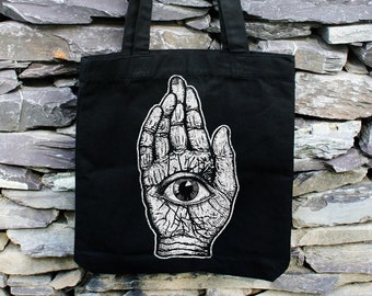 All Seeing Hand tote bag: Screen printed recycled cotton canvas printed with eco-friendly vegan inks | Goth Punk by ToothXNail