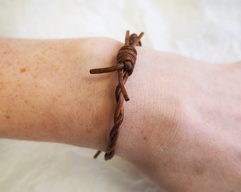 Barbed Wire Leather Bracelet - Copper, cowboy bangle, cowgirl jewelry, country and western jewellery, men rust, barb wire, cuff, wrist band