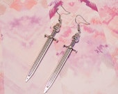 Silver Sword Earrings - Broadsword Earrings - Long Earrings - Weapon Earrings - Fantasy Earrings - Cat Earrings