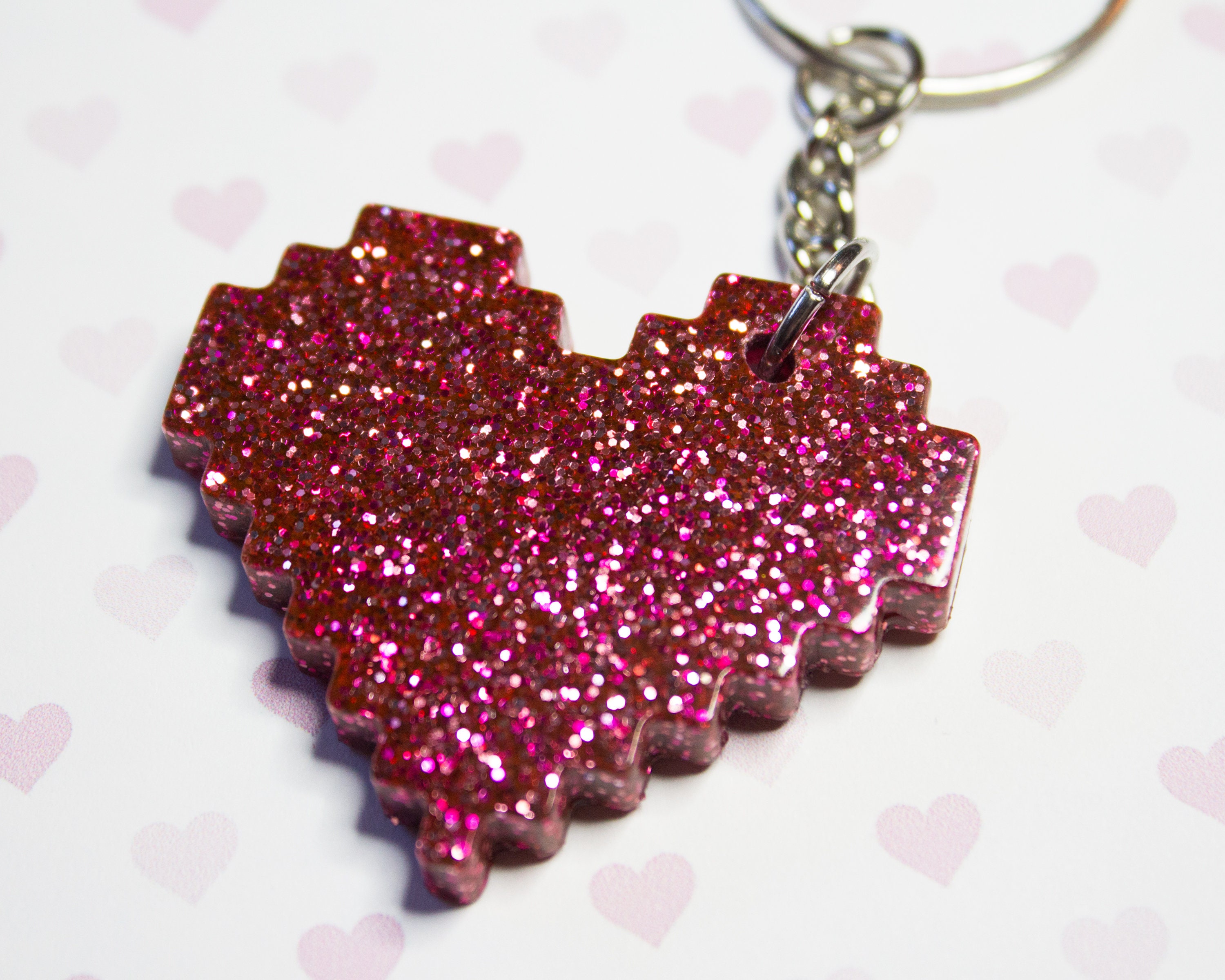 16 Bit Pink Glitter Heart Key Chain Pink Key Chain Glitter Etsy