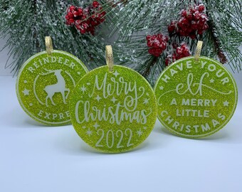 Handmade Trio of Christmas Ornaments-Lime, Merry Christmas 2022, Have your Elf..., Reindeer Mail