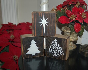 Merry Christmas Rustic Blocks (Set of 3)