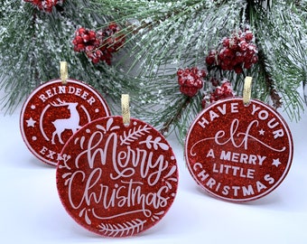 Handmade Trio of Christmas Ornaments, Merry Christmas, Have your Elf..., Reindeer Mail, Red Glitter Ornament