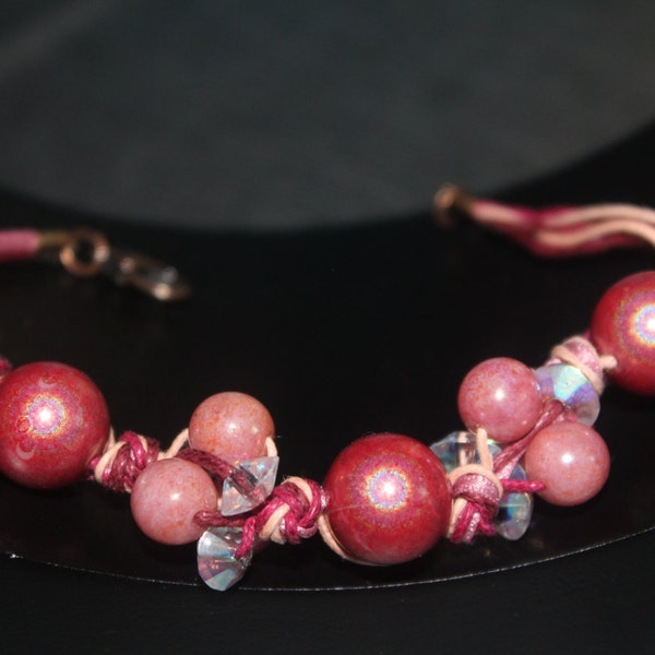 Bracelet of knotted rope with pink glass beads and crystals, handmade , ooak, nichel free