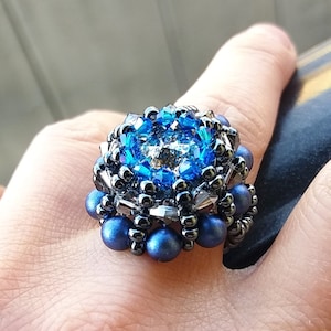 Swarovski blue gray ring, embedded with swarovski pearls and crystals, anniversary gift, engagement ring, handmade, ooak, nickel free