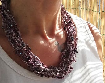 Purple Crochet Necklace with Bohemian Crystal Glasses, Multistrand Necklace, Gift for Her, Jewelry for Her, Handmade, ooak, Nickel Free